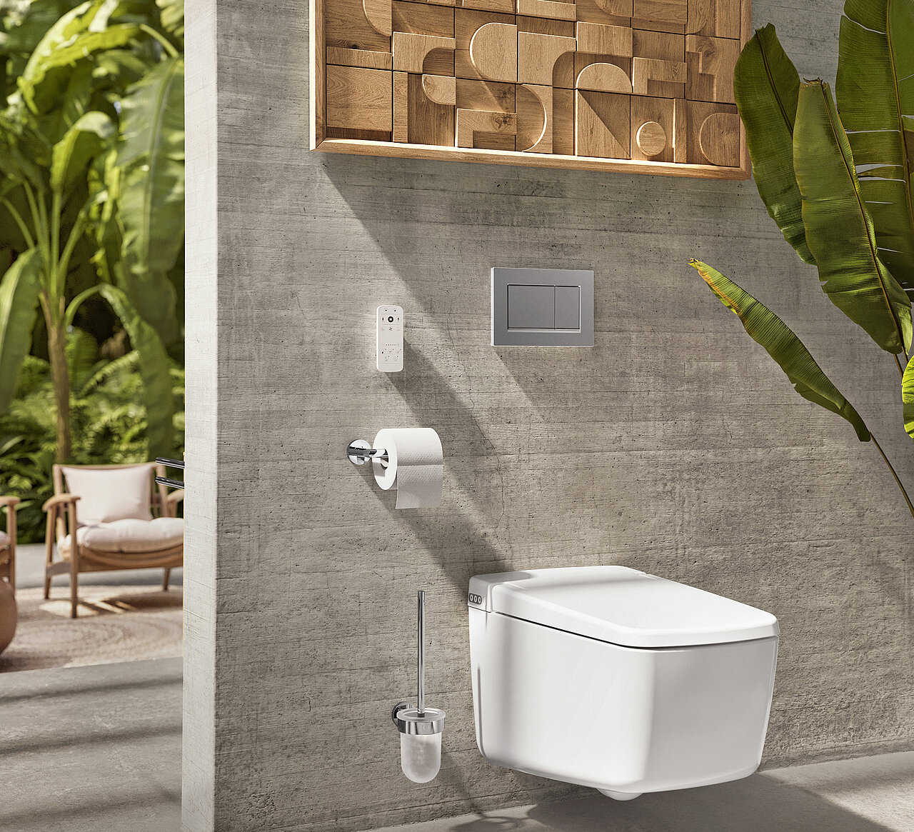 Ein modernes Badezimmer mit einer wandmontierten Toilette, einem Toilettenpapierhalter und einer Bürste vor einer Betonwand. 