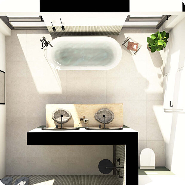 3D-Zeichnung eines Badezimmer von oben gesehen, mit einer Badewanne, doppelten Steinwaschbecken mit schwarzen Armaturen.