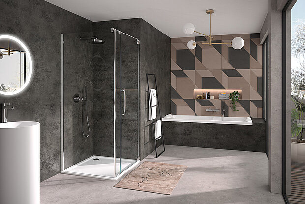 Modernes Badezimmer mit dunklen, strukturierten Wänden, einer Duschkabine aus Glas, einer freistehenden Badewanne vor einer geometrischen Akzentwand