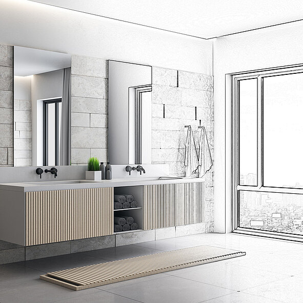 Modernes Badezimmer mit großem Spiegel, schwebendem Waschtisch. Die linke Seite ist vollfarbig, während die rechte Seite in eine Schwarz-Weiß-Skizze übergeht.