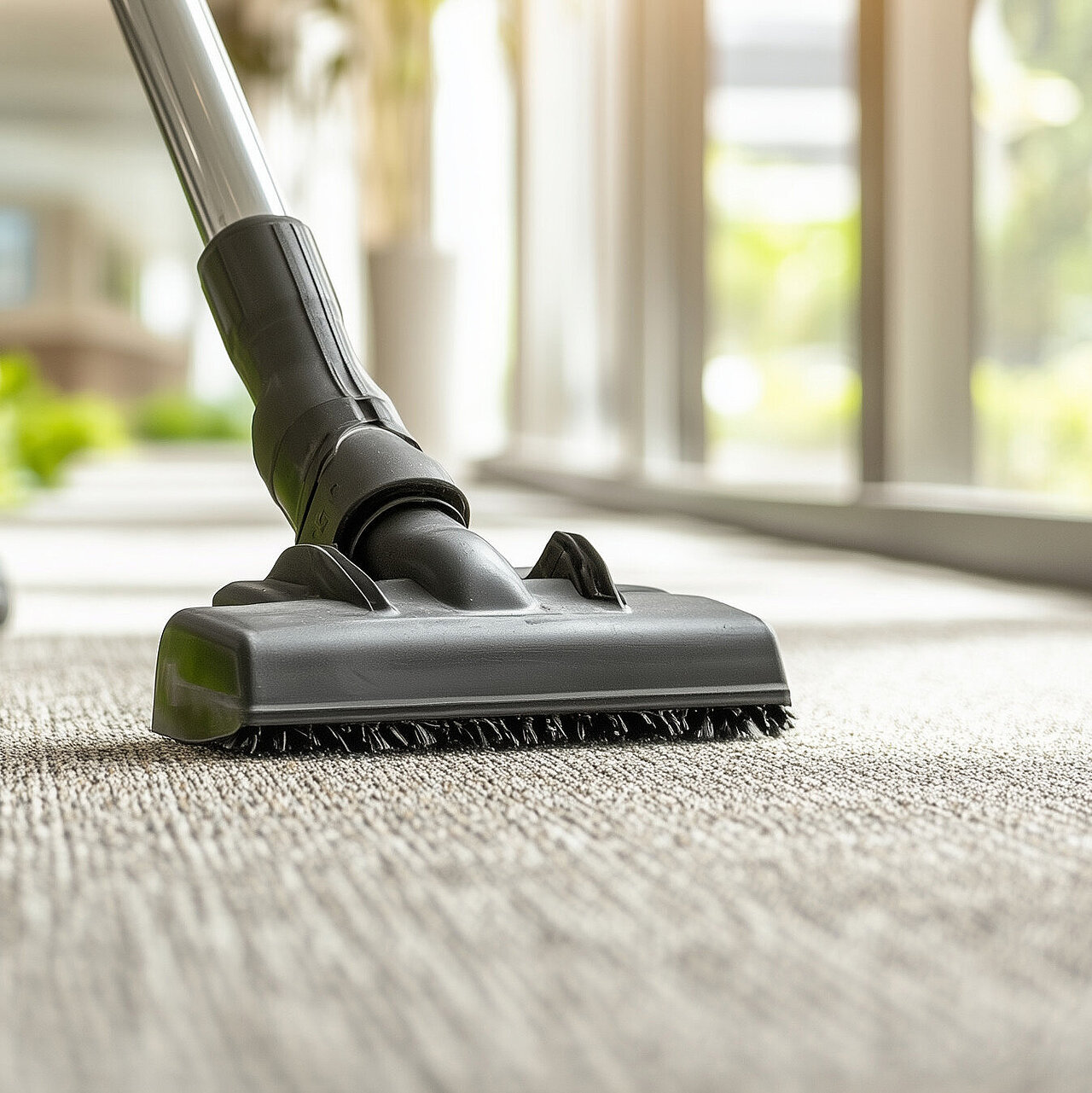 Eine Person saugt einen Teppich in einem hellen Raum mit großen Fenstern und Grünpflanzen.