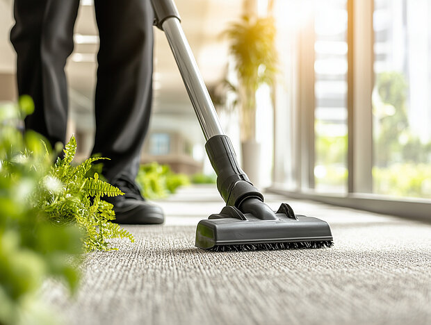 Eine Person saugt einen Teppich in einem hellen Raum mit großen Fenstern und Grünpflanzen.