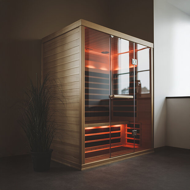 Eine moderne hölzerne Infrarotsauna mit Glastüren ist innen mit warmem orangefarbenem Licht beleuchtet. 