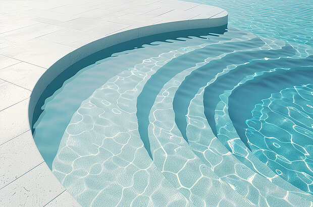 Eine geschwungene, weiß geflieste Treppe führt in ein klares, blaues Schwimmbecken.