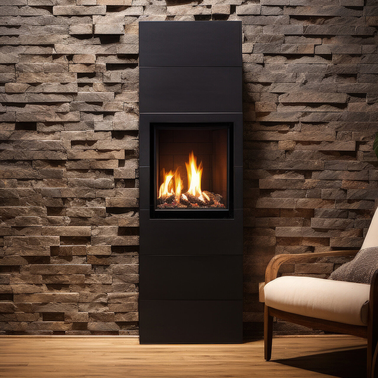 Ein moderner schwarzer Kamin mit einer sichtbaren Flamme steht vor einer strukturierten Steinwand.