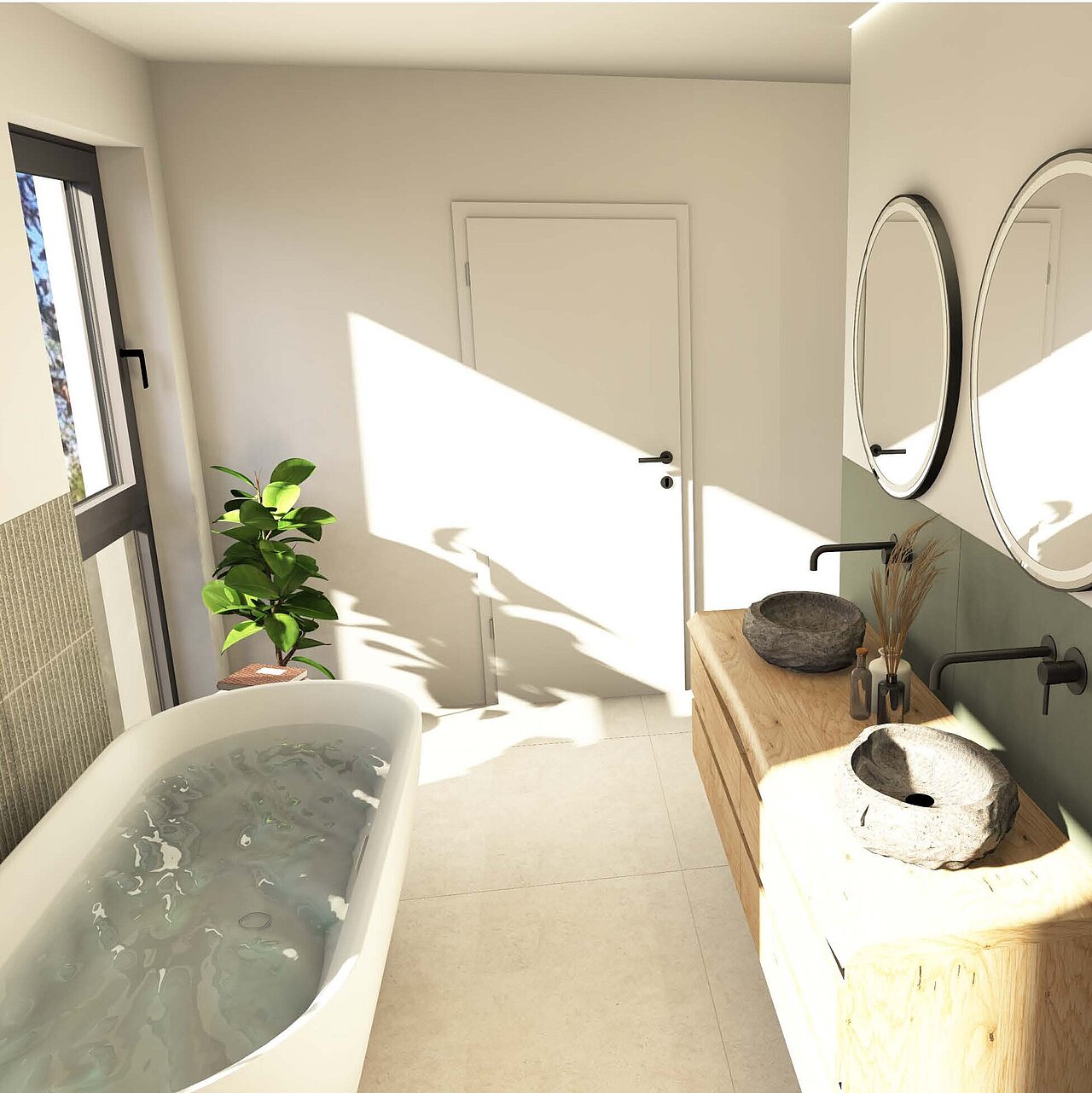 3D-Zeichnung eines Badezimmers mit freistehender Badewanne, hölzernem Waschtisch mit Doppelwaschbecken, zwei runden Spiegeln und einer begehbaren Dusche. 