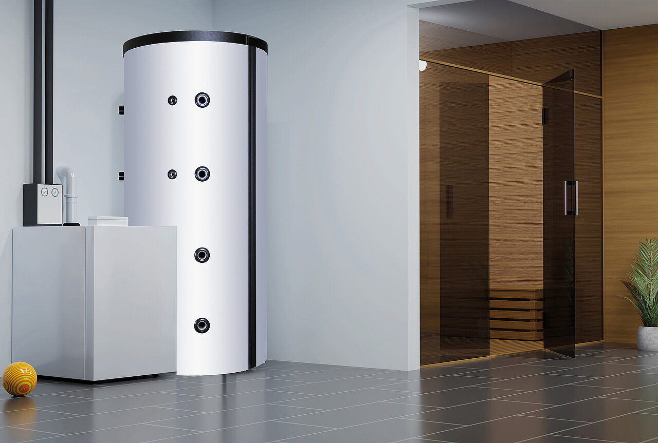 Ein moderner Hauswirtschaftsraum mit einem hohen zylindrischen Warmwasserbereiter, einem rechteckigen Speicher.