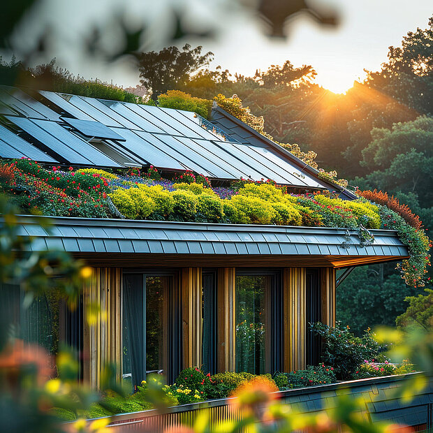 Ein modernes Haus mit großen Fenstern, einem begrünten Dach mit Pflanzen und Sonnenkollektoren, umgeben von üppigen Bäumen in warmen Licht.