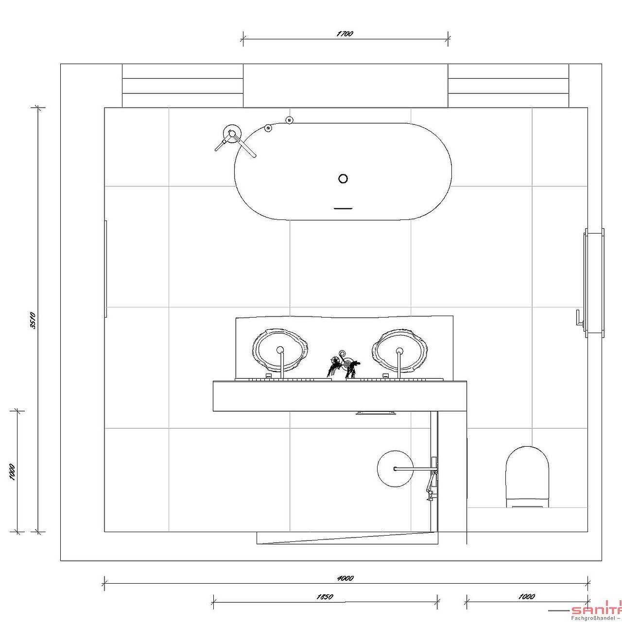 Grundriss eines Badezimmers mit einer Badewanne in der Mitte, zwei Waschbecken mit Spiegeln, einer Toilette in der unteren rechten Ecke. 